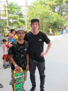 Project coordinator Ali Drummond with local skater Ko Hein. (PHOTO: Annabelle Droulers/DVB)