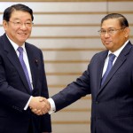 Myanmar’s Foreign Minister Wunna Maung Lwin meets with Japan’s Chief Cabinet Secretary Osamu Fujimura at PM Yoshihiko Noda’s official residence in Tokyo