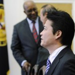 Japan’s Foreign Minister Gemba takes his seat for a meeting with U.S. Trade Representative Kirk in Washington