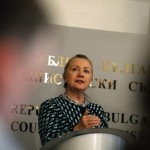 U.S. Secretary of State Clinton speaks during a news conference with Bulgaria’s Prime Minister Borisov after their meeting in Sofia