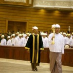 Lower house parliamentary speaker Shwe Man arrives at the Parliament building in Naypyidaw