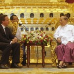 British Prime Minister Cameron listens to Myanmar’s President Thein Sein during their meeting at the President’s Office in Naypyitaw