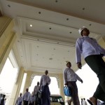 Members of the Upper House parliament arrive to attend the third session of Upper House parliament meeting in Naypyitaw