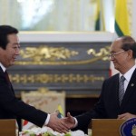 Japan’s Prime Minister Noda shakes hands with Myanmar’s President Sein during a joint news conference at Japan-Mekong summit in Tokyo