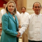 U.S. Secretary of State Hillary Clinton shakes hands with Myanmar’s President Thein Sein during a meeting at the President’s Office in Naypyitaw
