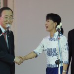 Myanmar’s pro-democracy leader Aung San Suu Kyi shakes hands with U.N. Secretary-General Ban Ki-moon after their news conference at Suu Kyi’s home in Yangon