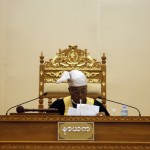 Khin Aung Myint, speaker of Myanmar’s joint chambers of parliament, reads a statement from Myanmar President Thein Sein in Naypyitaw