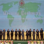 Myanmar’s Foreign Minister Lwin holds hands attendees during opening ceremony of 45th ASEAN Foreign Ministers’ meeting at office of Council of Ministers in Phnom Penh