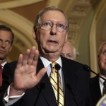 Senate Minority Leader McConnell talks to the media after a political strategy session on Capitol Hill in Washington