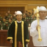 Shwe Man, Lower House parliamentary speaker, arrives at the opening of the Lower House session in Naypyitaw