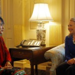 U.S. Secretary of State Clinton meets with Myanmar opposition leader Suu Kyi at the State Department in Washington