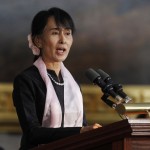 Myanmar opposition leader Aung San Suu Kyi speaks after being presented with the Congressional Gold Medal in Washington