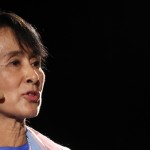 Myanmar pro-democracy leader Aung San Suu Kyi addresses the audience at the San Francisco Freedom Forum in San Francisco