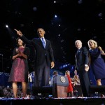 U.S. President Barack Obama acknowledges someone in the crowd after his election night victory speech in Chicago