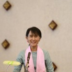 Aung San Suu Kyi gives a speech during a meeting of Rule of Law committee in Rangoon.