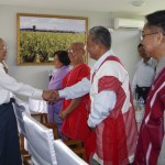 Myanmar’s President Thein Sein shakes hands with representatives from KNU in Thein Sein’s private farm house in Naypyitaw