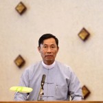 Shwe Man, speaker of Lower House of Parliament, gives a speech during a meeting of  Rule of Law and Peace and Stability Committee of House at Yangon Division Parliament in Yangon