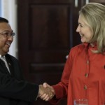 U.S. Secretary of State Clinton shakes hands with Myanmar’s Foreign Minister Wunna after their meeting at the State Department in Washington