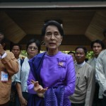 Myanmar’s pro-democracy leader Suu Kyi talks to reporters during news conference after National League for Democracy party’s congress in Yangon