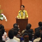 Nobel laureate and Myanmar opposition leader Aung San Suu Kyi delivers a speech during her lecture session at the University of Tokyo in Tokyo