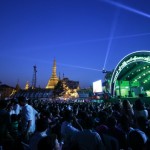 People gather near the Sule pagoda during celebrations of the Myanmar New Year Water Festival in Yangon