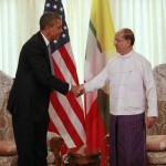 U.S. President Barack Obama shakes hands with Myanmar’s President Thein Sein during their meeting in Yangon