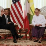 U.S. President Obama waves to the press during his meeting with Myanmar’s President Thein Sein in Yangon