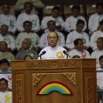 Myanmar’s President Thein Sein gives a speech during a launch ceremony for a rural development and social economy improvement program, at a stadium in Yangon