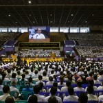 Myanmar’s President Thein Sein gives a speech during a launch ceremony for a rural development and social economy improvement program, at a stadium in Yangon