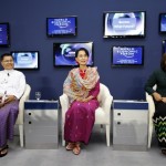 Minister from Office of President of Myanmar Soe Thane, pro-democracy leader Aung San Suu Kyi and Zin Mar Aung, former political prisoner, attend BBC World Debate during World Economic Forum on East Asia in Naypyitaw