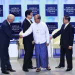 WEF Founder and Executive Chairman Schwab, Vietnam’s PM Nguyen Tan Dung, Myanmar’s President Thein Sein and Laos’ PM Thongsing Thammavong exchange handshakes after the opening ceremony of the WEF on East Asia in Naypyitaw