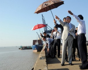 In this file photo from 2013, Taro Aso (2nd R), the Japanese finance minister and deputy prime minister, gestures during his visit to the Thilawa industrial zone near Rangoon. (PHOTO: AFP)