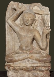 Buddha Severing His Hair. Pagan period, ca. 11th–12th century. Sandstone with traces of pigment. Bagan Archaeological Museum. (Photo: Sean Dungan)