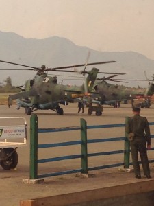 Burmese military helicopters, pictured by an independent researcher at Lashio airport at 3pm on 10 February 2015. 