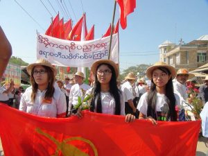 Students in Bassein prepare to march to Rangoon. (PHOTO: DVB)