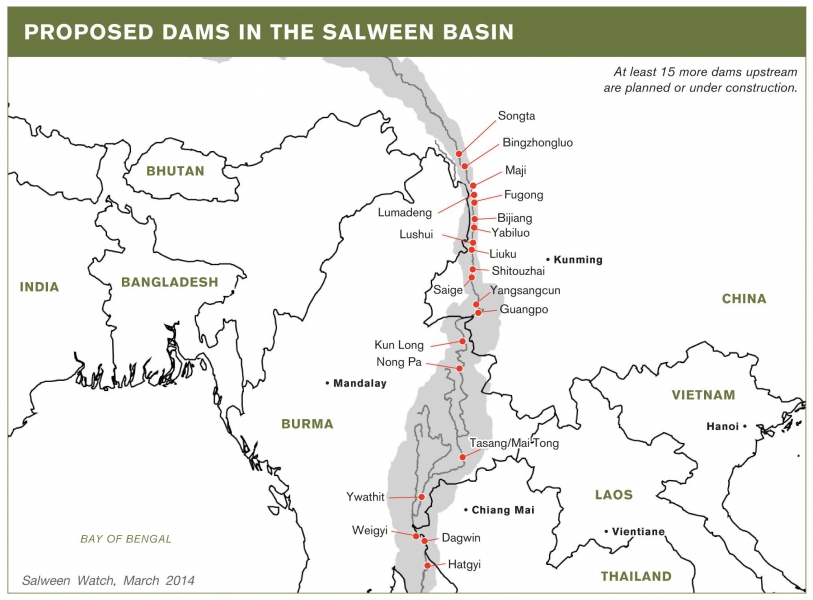 A map of all the proposed dams along the Salween basin. (PHOTO: International Rivers).