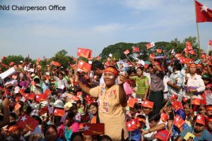 A crowd gathers to listen to Suu Kyi at an NLD rally in Zayarthiri Township, Naypyidaw, on 20 September 2015. (PHOTO: NLD Chairperson FB)