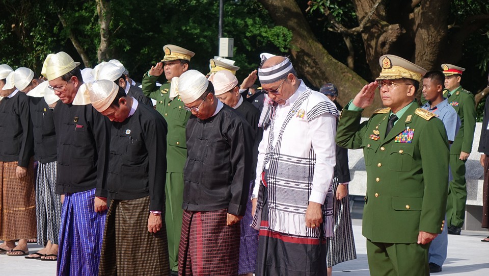 Senior General Min Aung Hlaing, far right, pays his respects at the Martyrs' Mausoleum alongside (from left to right) Labour and Immigration Minister Thein Swe, Lower House Speaker Win Myint, Vice-President Myint Shwe, and Upper House Speaker Mahn Win Khaing on 19 June 2016. (Photo: DVB)
