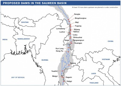 Map of dam projects on the Salween River. (www.internationalrivers.org)
