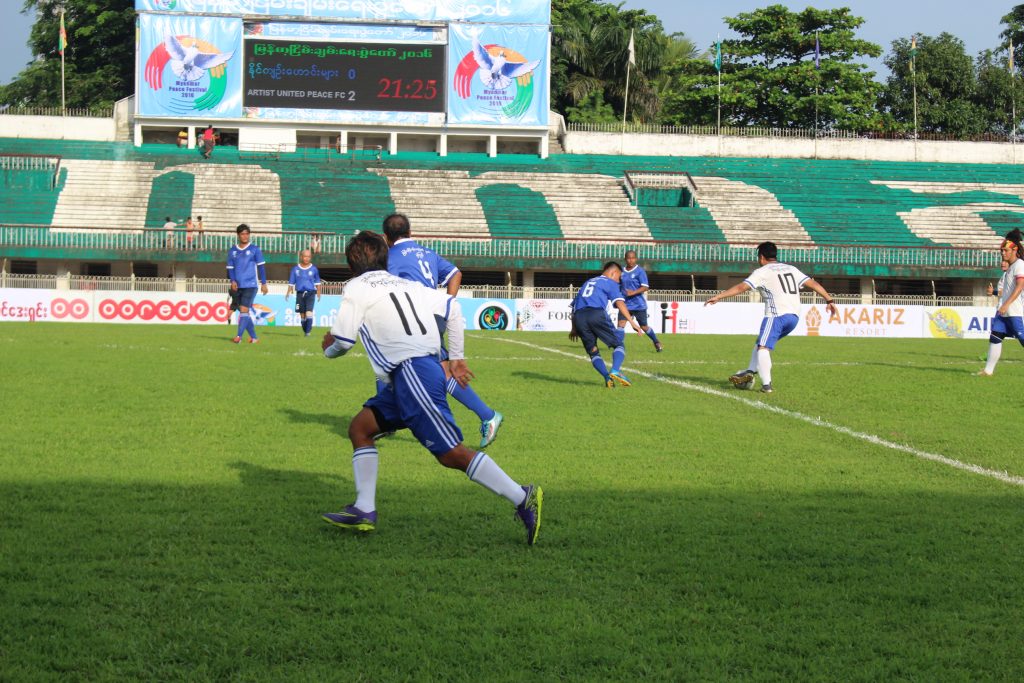 A football match between former political prisoners and artists was held at Aung San stadium on Saturday. (Photo: Libby Hogan /DVB)