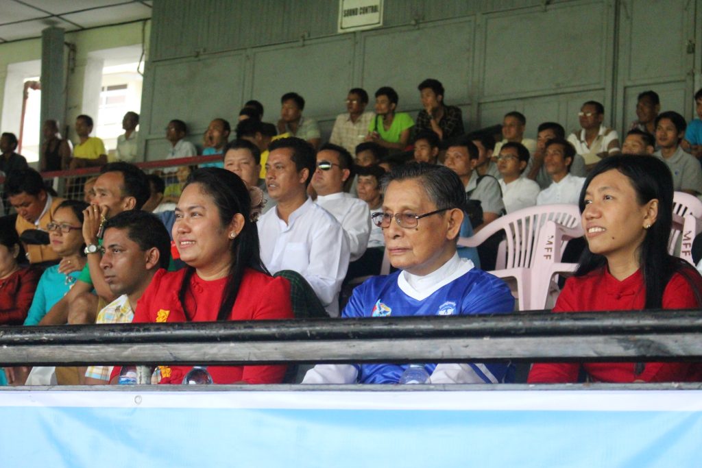U Tin Oo was in the crowd spectating and wearing the political prisoner blue jersey. (Photo: Libby Hogan / DVB)