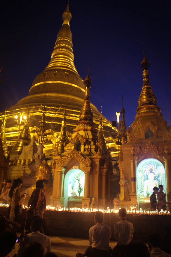 Shwedagon Pagoda lit up at night. (Photo: Libby Hogan / DVB)