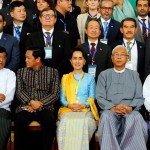 Myanmar State Counselor Aung San Suu Kyi, Myanmar’s president Htin Kyaw pose for photo after opening ceremony of 21st Century Panglong conference in Naypyitaw