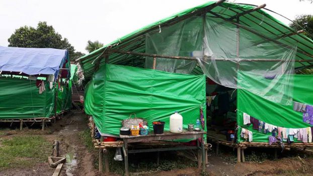 Makeshift shelters litter a church compound in Tanai, Kachin State. (PHOTO: DVB)