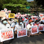 A peaceful Civil Disobedience Movement sit-in protest at the Central Bank of Myanmar on Feb. 16, 2021 (Credit- Thuya Zaw)